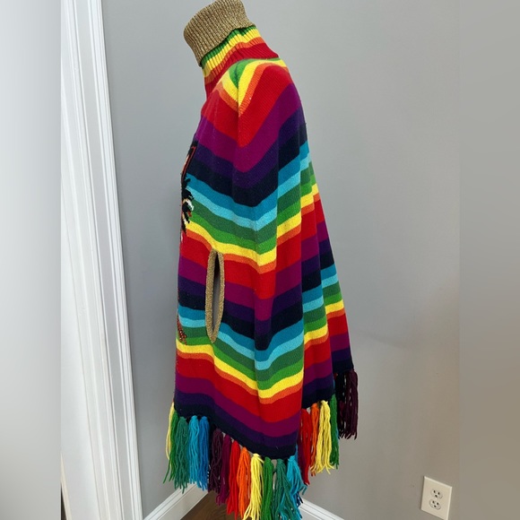 New Gucci Rainbow 100% Wool Poncho with Tiger and crystals fringes L - Picture 6 of 16